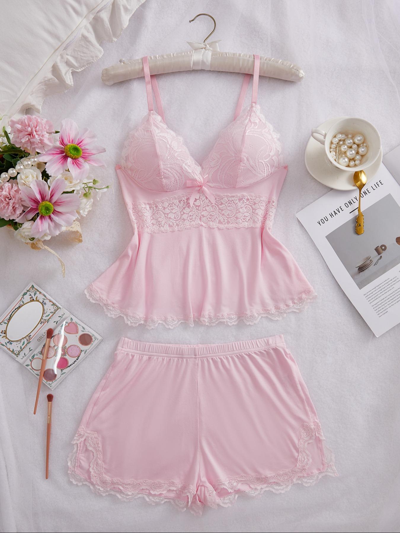 Women's Solid Color Lace Trim Spaghetti Strap Cami Top & Shorts Pyjama Two-piece Set