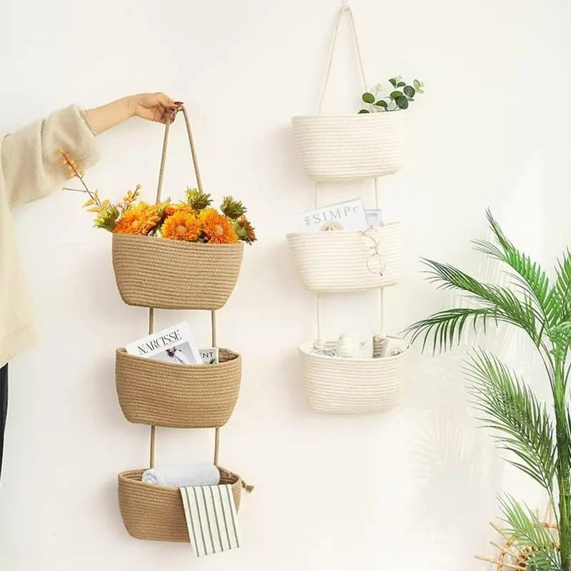 Woven cotton 3-Tier Over the Door Basket, Wall-Mounted Jute Storage Organizer
