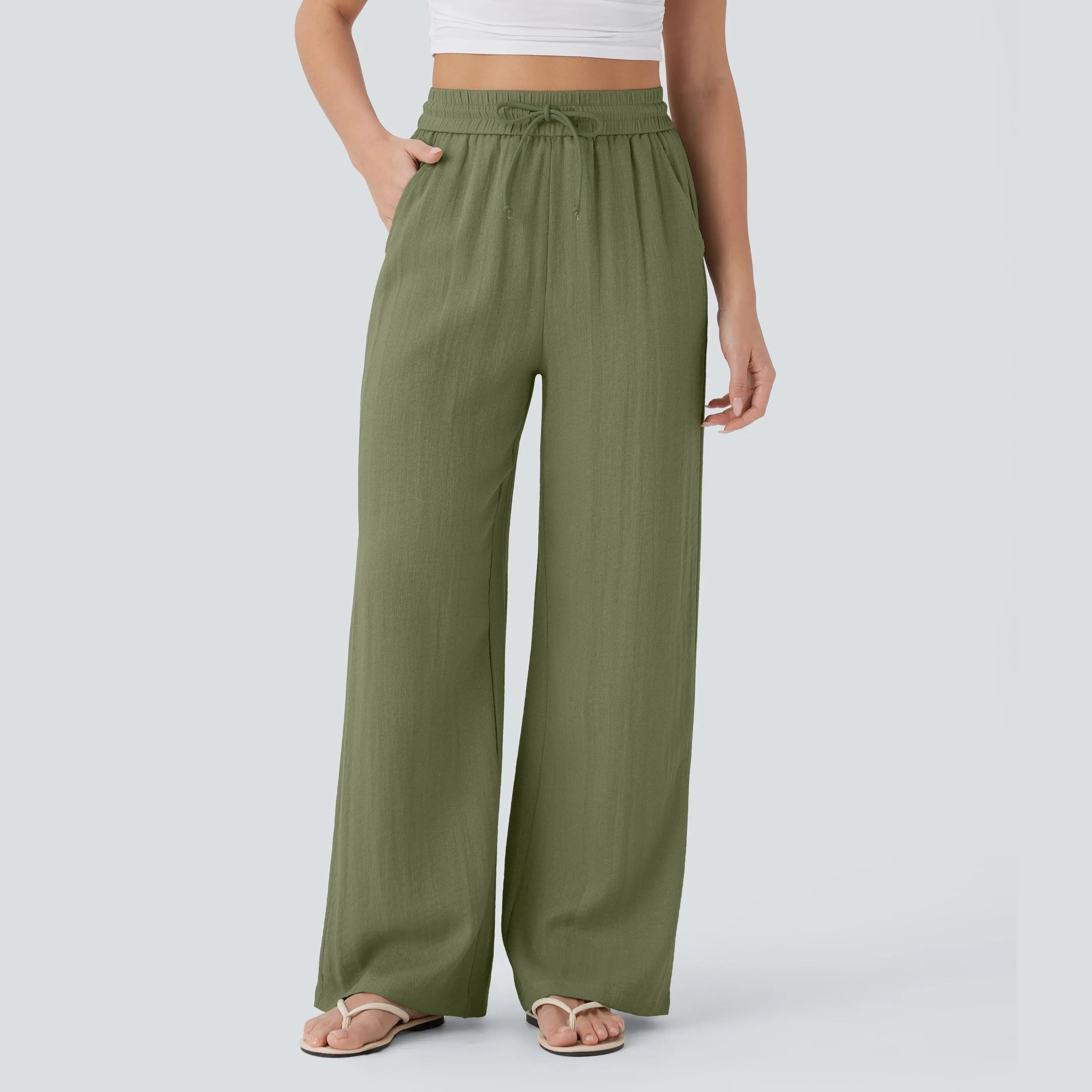 Halara High Waisted Drawstring Pocket Wide Leg Baggy Casual Linen-Feel Pants