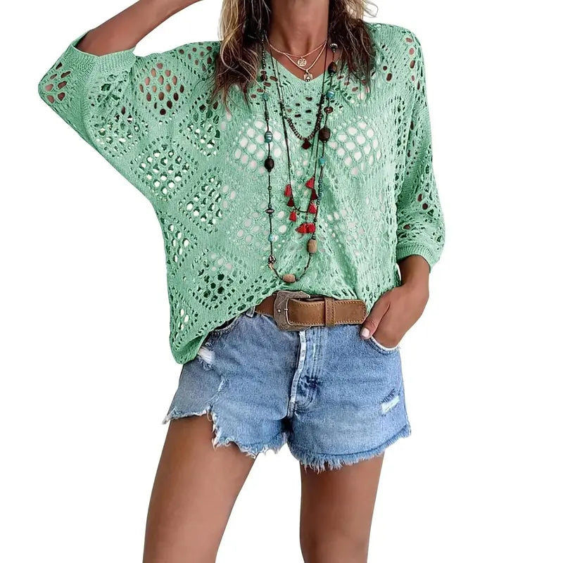 Fisoew Women's Bohemian-Inspired Beige Crochet Top with V-Neck