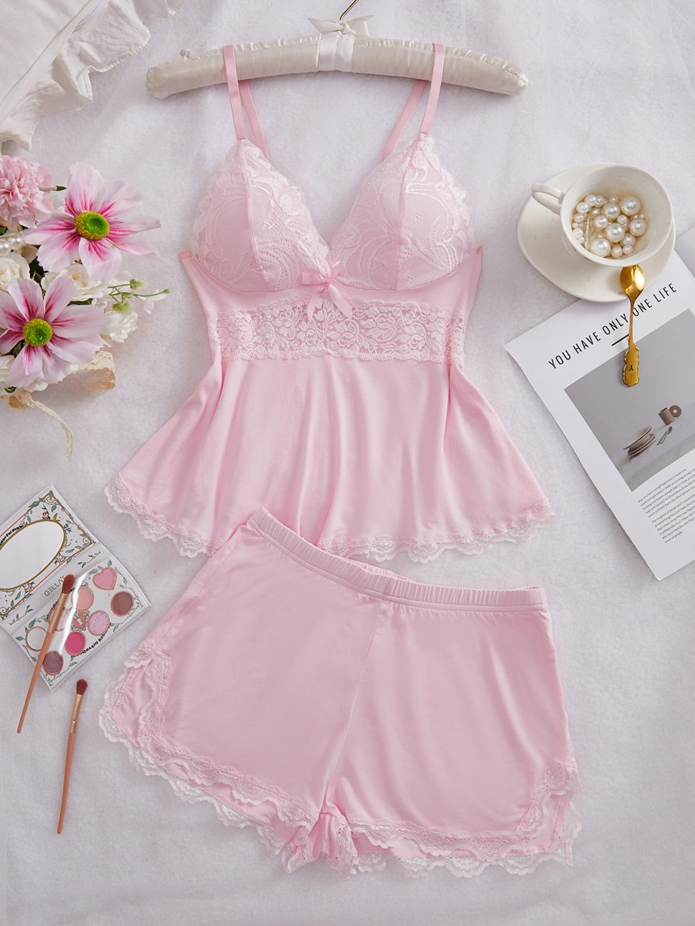 Women's Solid Color Lace Trim Spaghetti Strap Cami Top & Shorts Pyjama Two-piece Set