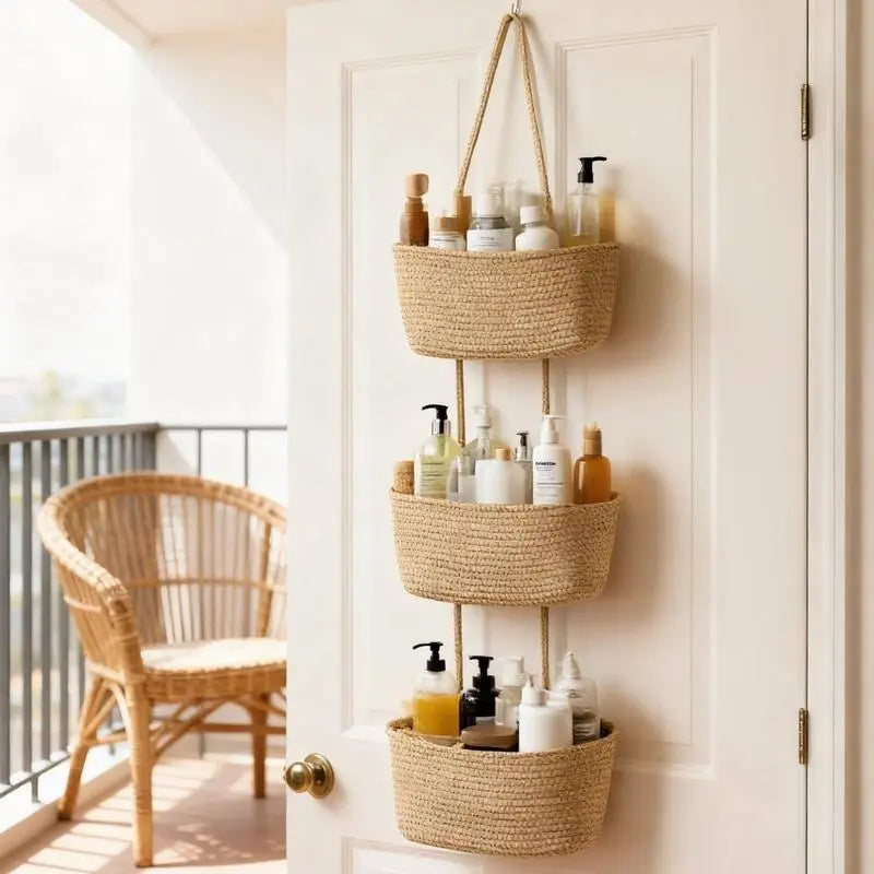 Woven cotton 3-Tier Over the Door Basket, Wall-Mounted Jute Storage Organizer