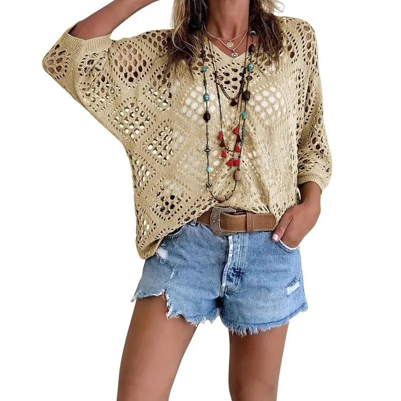 Fisoew Women's Bohemian-Inspired Beige Crochet Top with V-Neck