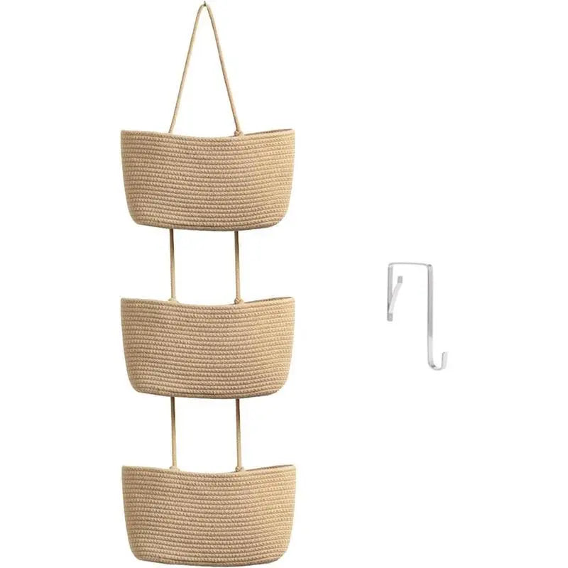 Woven cotton 3-Tier Over the Door Basket, Wall-Mounted Jute Storage Organizer