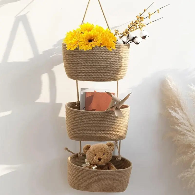 Woven cotton 3-Tier Over the Door Basket, Wall-Mounted Jute Storage Organizer