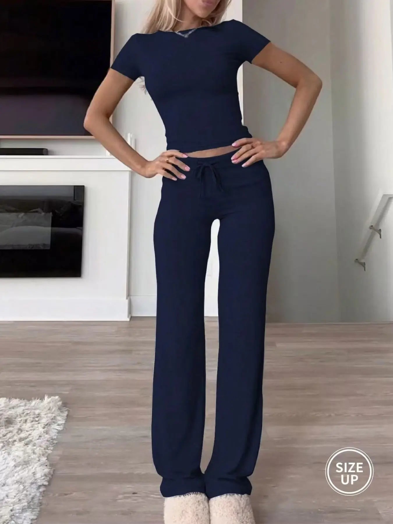 Two-Piece Set Women's Plain Crop Tee & Drawstring Waist Pants Loungewear Set