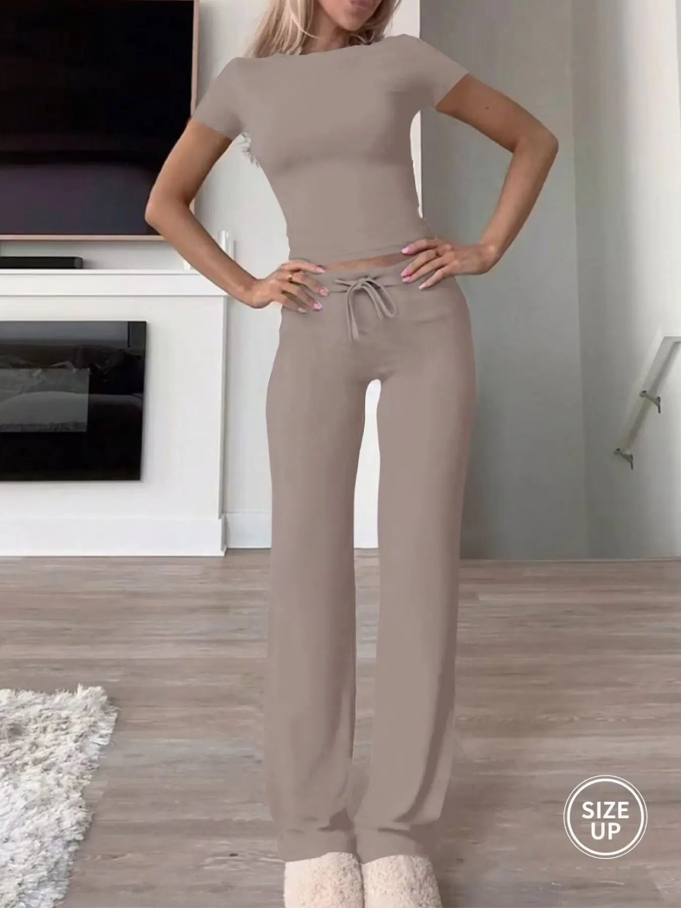 Two-Piece Set Women's Plain Crop Tee & Drawstring Waist Pants Loungewear Set