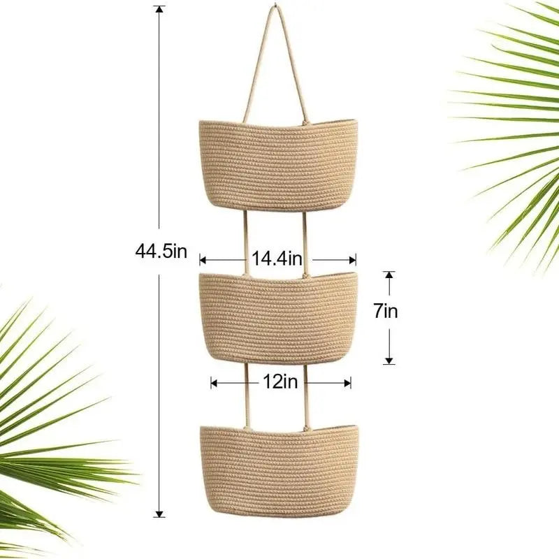 Woven cotton 3-Tier Over the Door Basket, Wall-Mounted Jute Storage Organizer