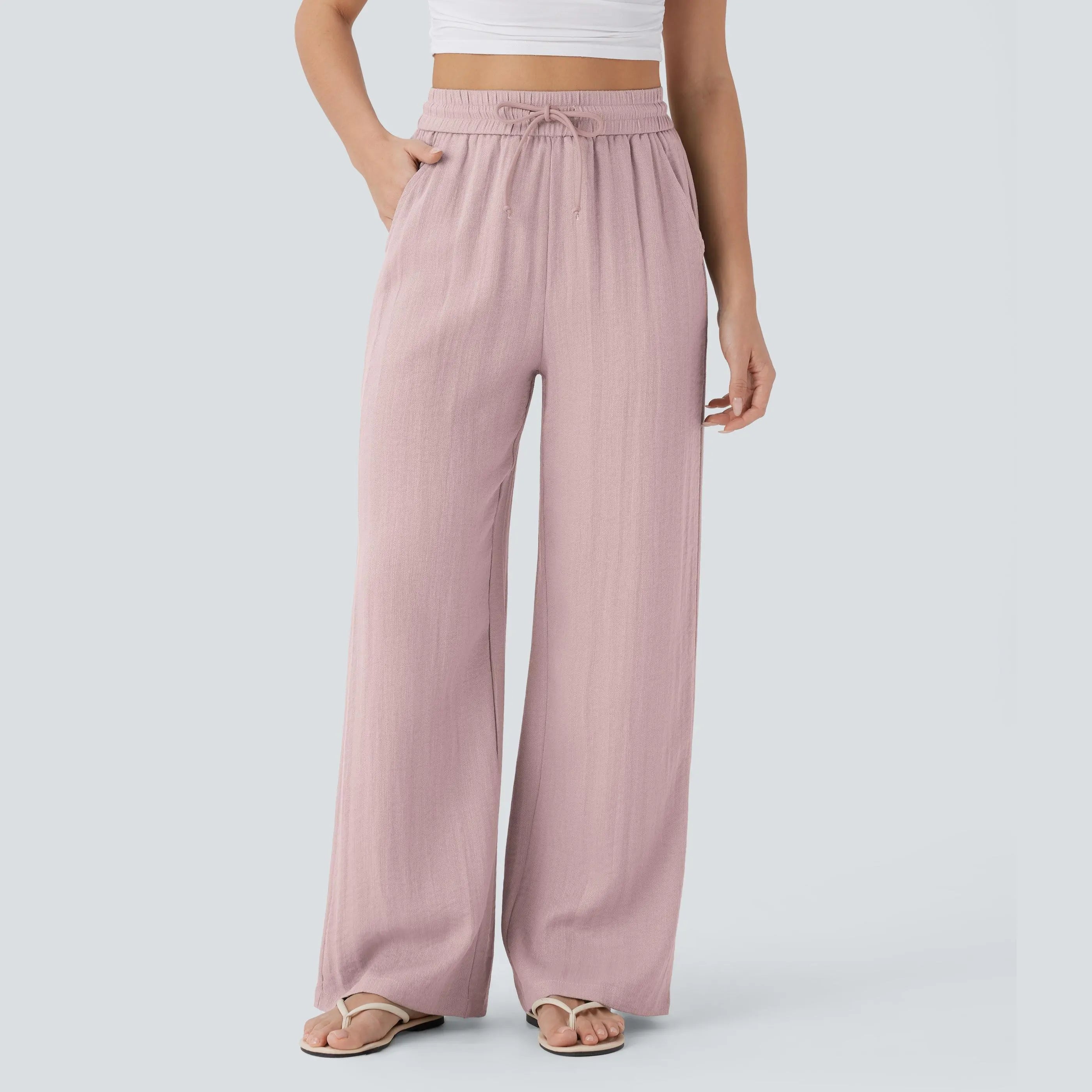 Halara High Waisted Drawstring Pocket Wide Leg Baggy Casual Linen-Feel Pants