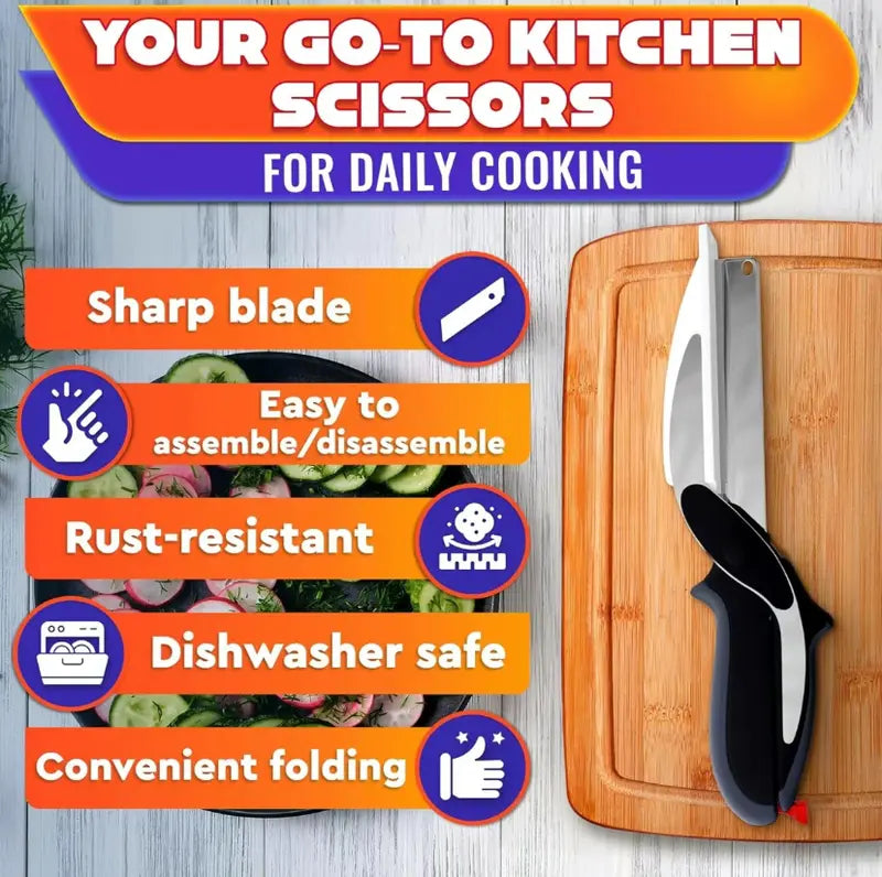 {2 Pack} 9.6 in 2-in-1 Kitchenware Heavy Duty Scissors – Stainless Steel Blade, Plastic Cutting Board, Safety Lock