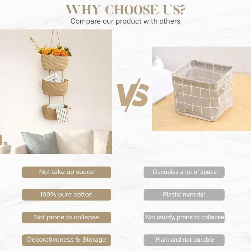 Woven cotton 3-Tier Over the Door Basket, Wall-Mounted Jute Storage Organizer