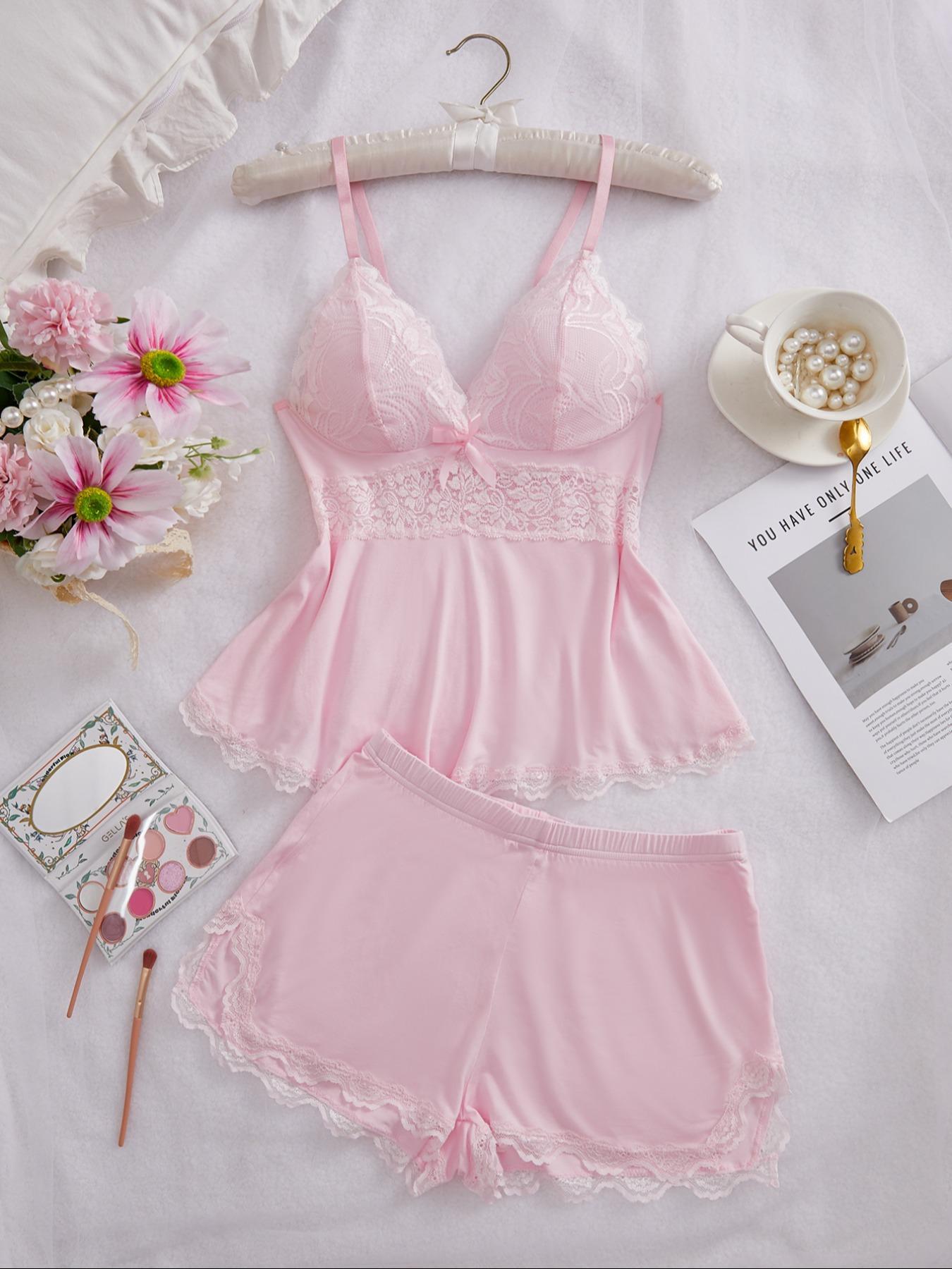 Women's Solid Color Lace Trim Spaghetti Strap Cami Top & Shorts Pyjama Two-piece Set