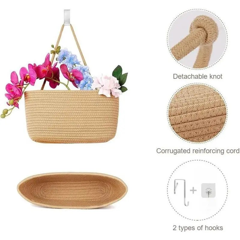 Woven cotton 3-Tier Over the Door Basket, Wall-Mounted Jute Storage Organizer