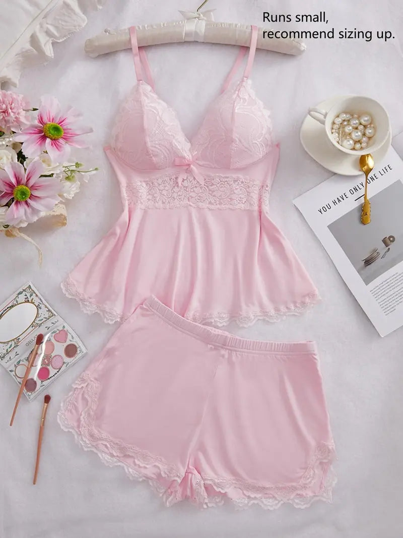 Women's Solid Color Lace Trim Spaghetti Strap Cami Top & Shorts Pyjama Two-piece Set