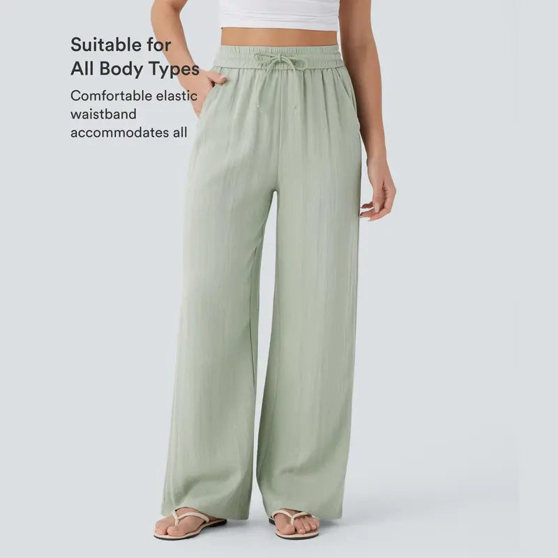 Halara High Waisted Drawstring Pocket Wide Leg Baggy Casual Linen-Feel Pants