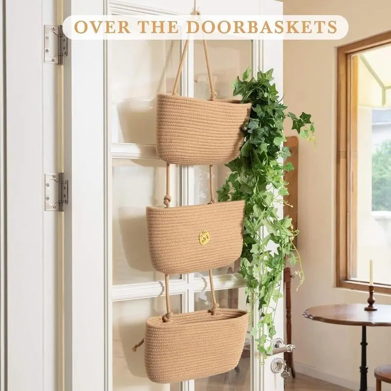 Woven cotton 3-Tier Over the Door Basket, Wall-Mounted Jute Storage Organizer