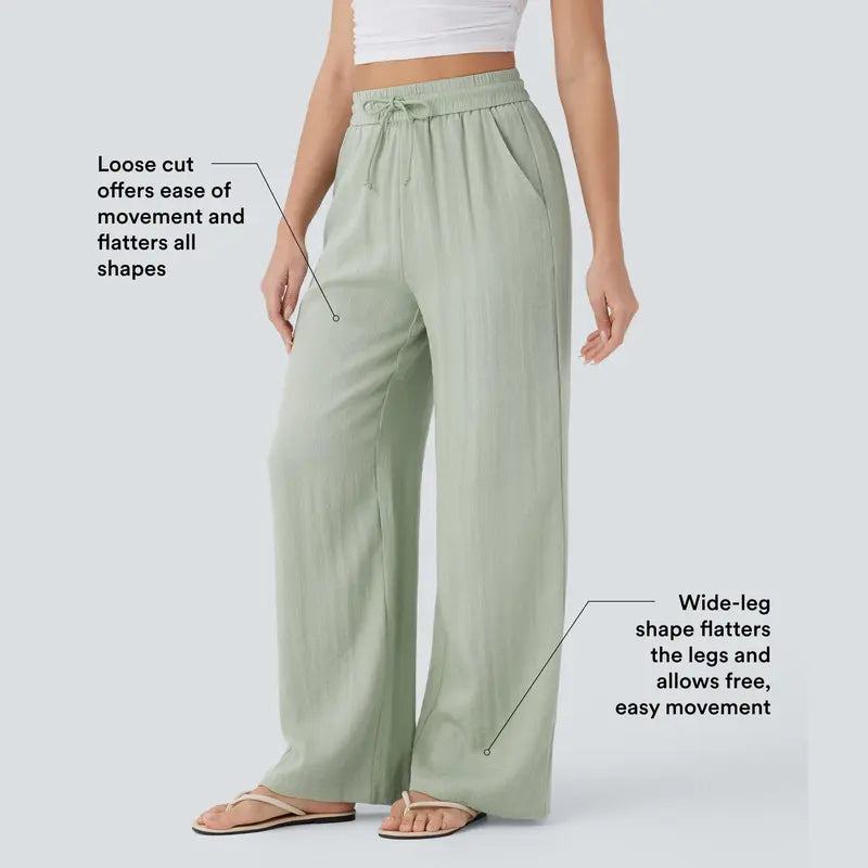 Halara High Waisted Drawstring Pocket Wide Leg Baggy Casual Linen-Feel Pants
