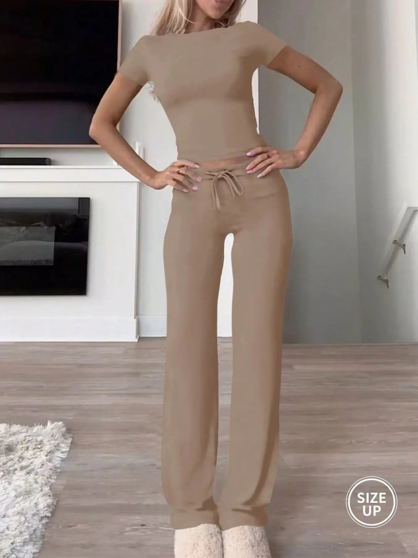 Two-Piece Set Women's Plain Crop Tee & Drawstring Waist Pants Loungewear Set