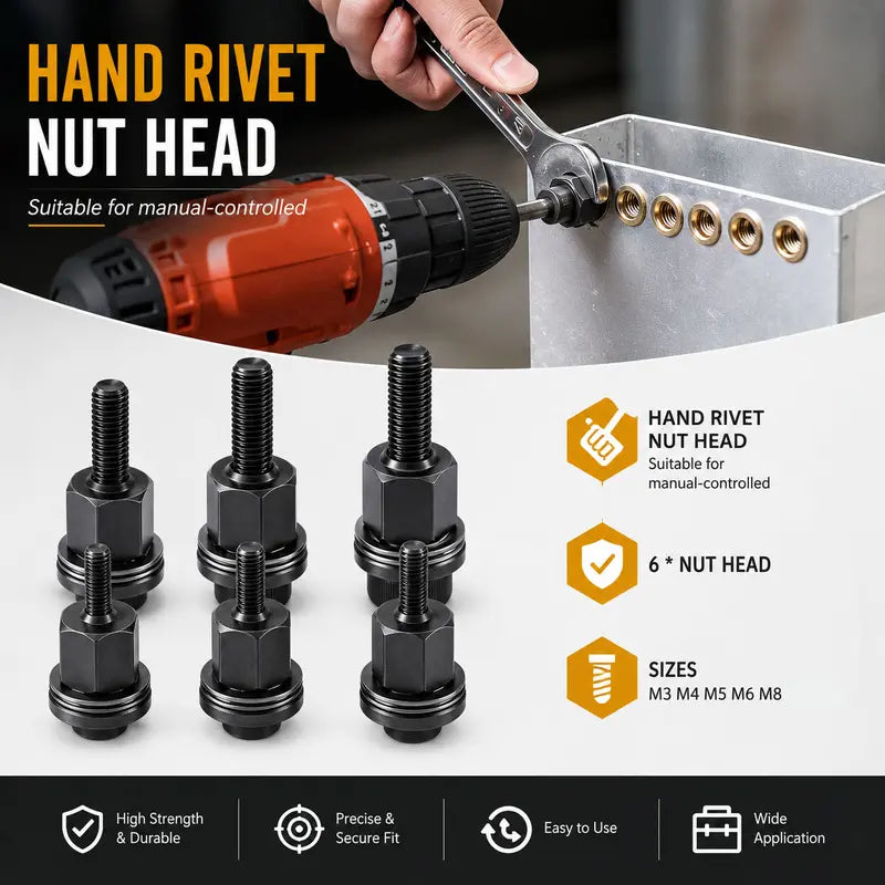 Head Rivet Nut Tool, M3 M4 M5 M6 M8 Rivnut Kit, Carbon Steel Rivnut Set, (10pcs)