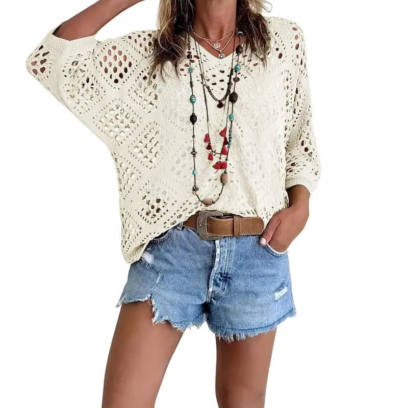 Fisoew Women's Bohemian-Inspired Beige Crochet Top with V-Neck