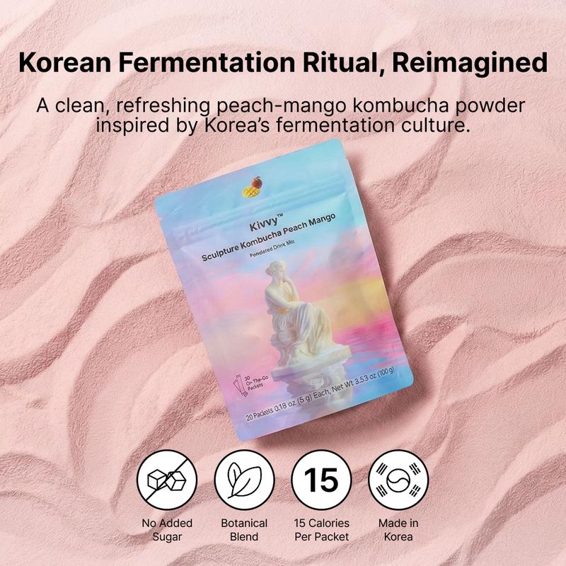 Kivvy Korean Debloat Kombucha Beverage (20 Servings, Peach Mango Flavor)