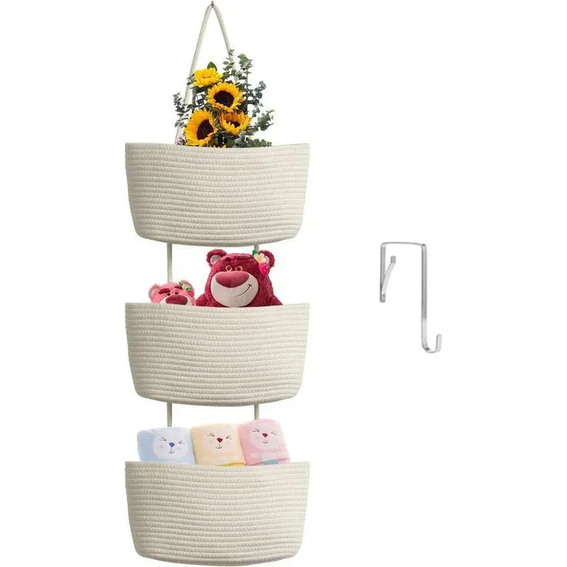 Woven cotton 3-Tier Over the Door Basket, Wall-Mounted Jute Storage Organizer