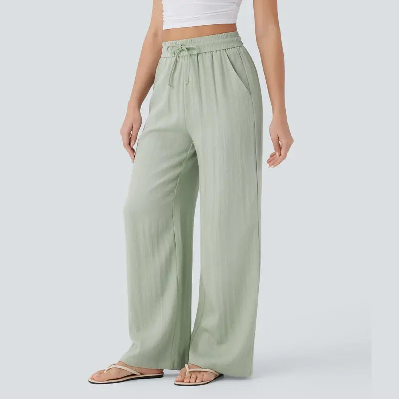 Halara High Waisted Drawstring Pocket Wide Leg Baggy Casual Linen-Feel Pants