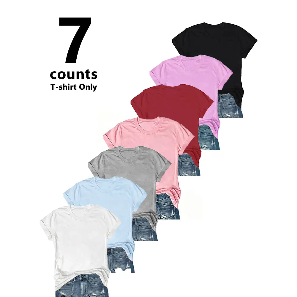 [7 Pack] Women's Short Sleeve T-Shirts Multipack, Loose/Relaxed Fit Solid Color Round Neck Casual Tee Tops
