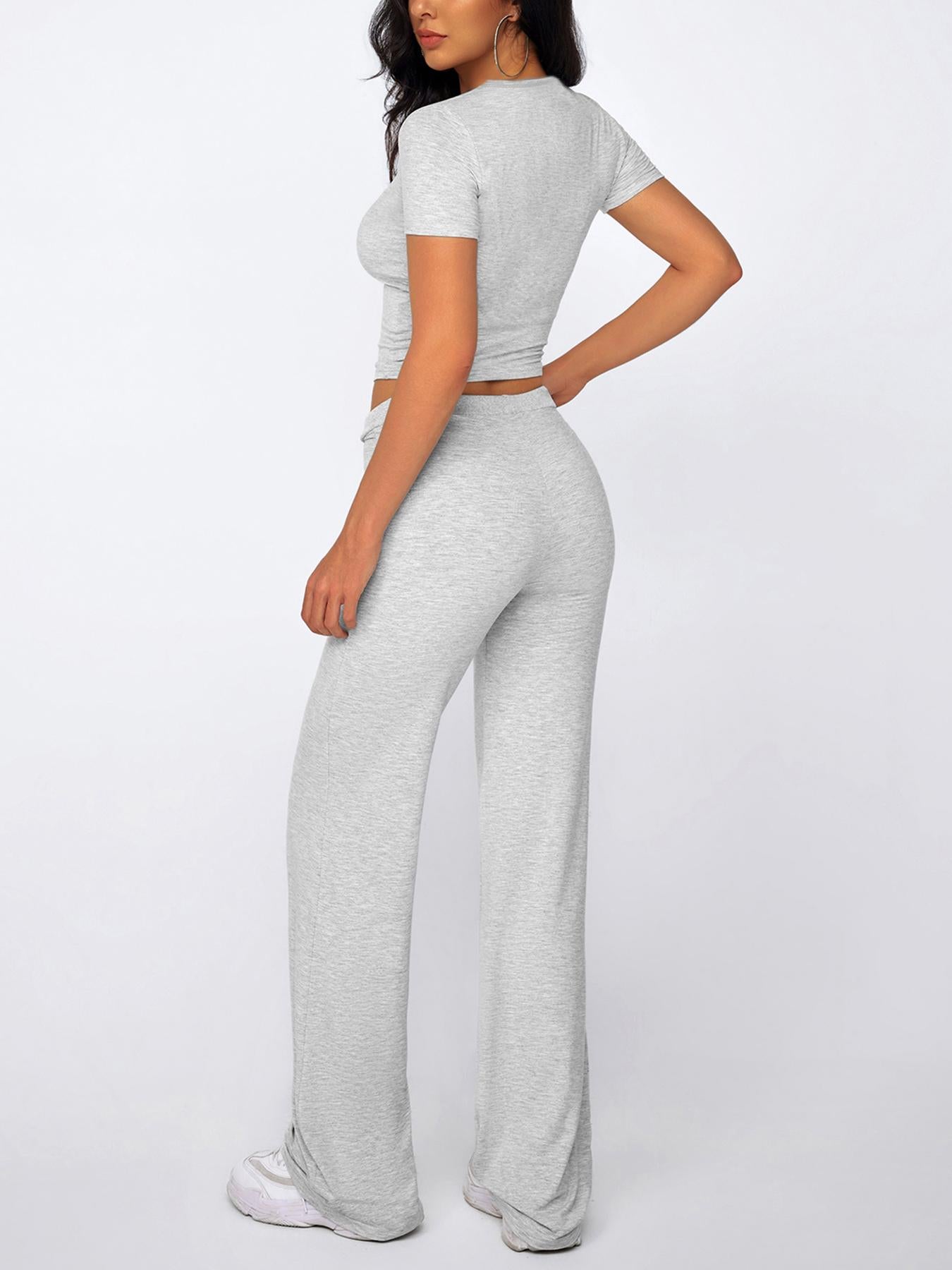 Two-Piece Set Women's Plain Crop Tee & Drawstring Waist Pants Loungewear Set