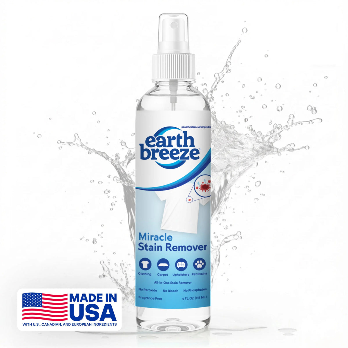Earth Breeze Miracle Stain Remover Spray, 4fl oz Non-Toxic Bottled Spray All-Purpose Cleaner