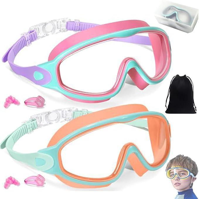 2 Pack Kids Swim Goggles for 3-15 UV Protection Anti-Fog