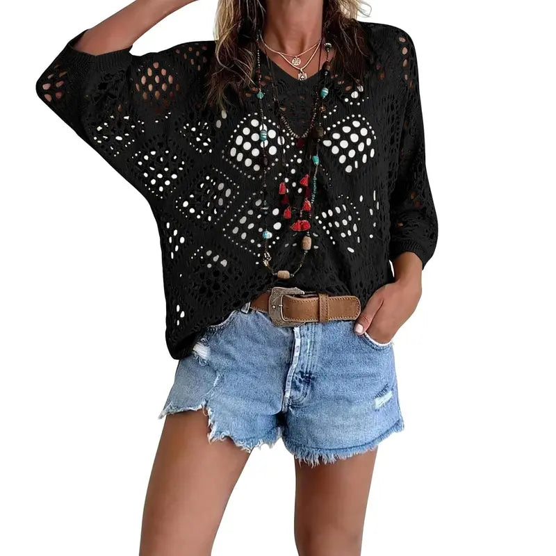 Fisoew Women's Bohemian-Inspired Beige Crochet Top with V-Neck