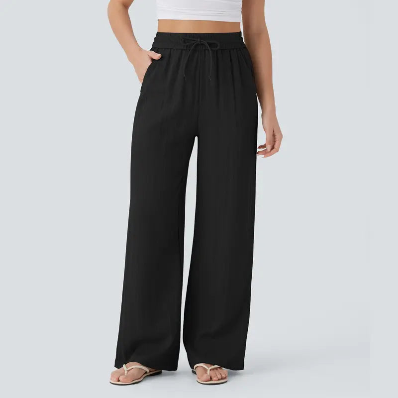 Halara High Waisted Drawstring Pocket Wide Leg Baggy Casual Linen-Feel Pants