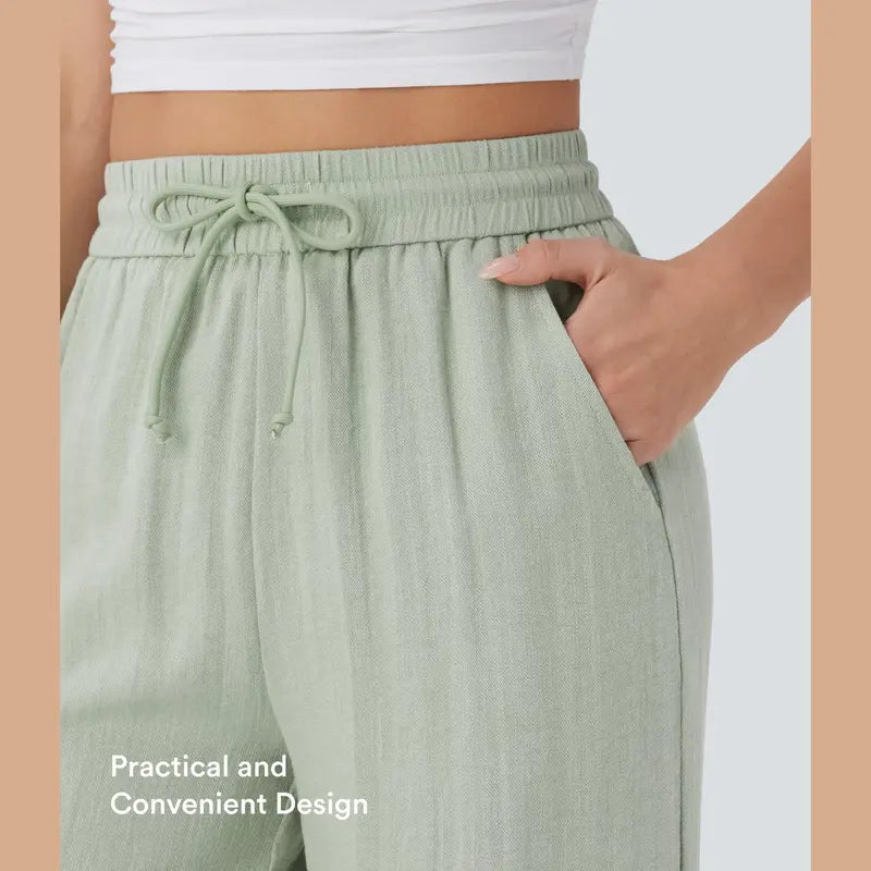 Halara High Waisted Drawstring Pocket Wide Leg Baggy Casual Linen-Feel Pants