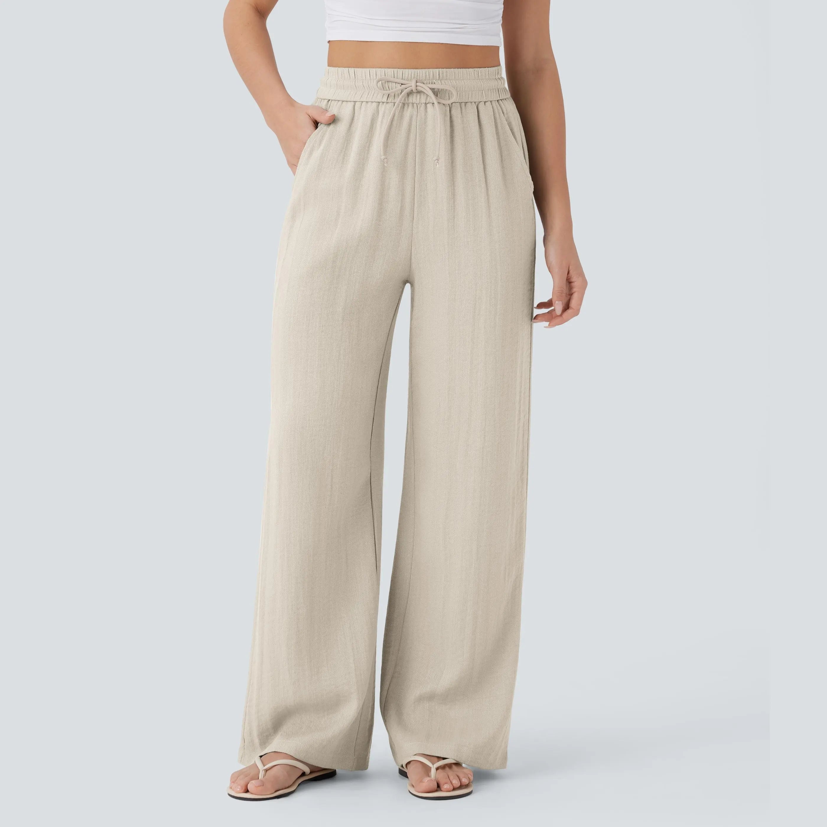 Halara High Waisted Drawstring Pocket Wide Leg Baggy Casual Linen-Feel Pants