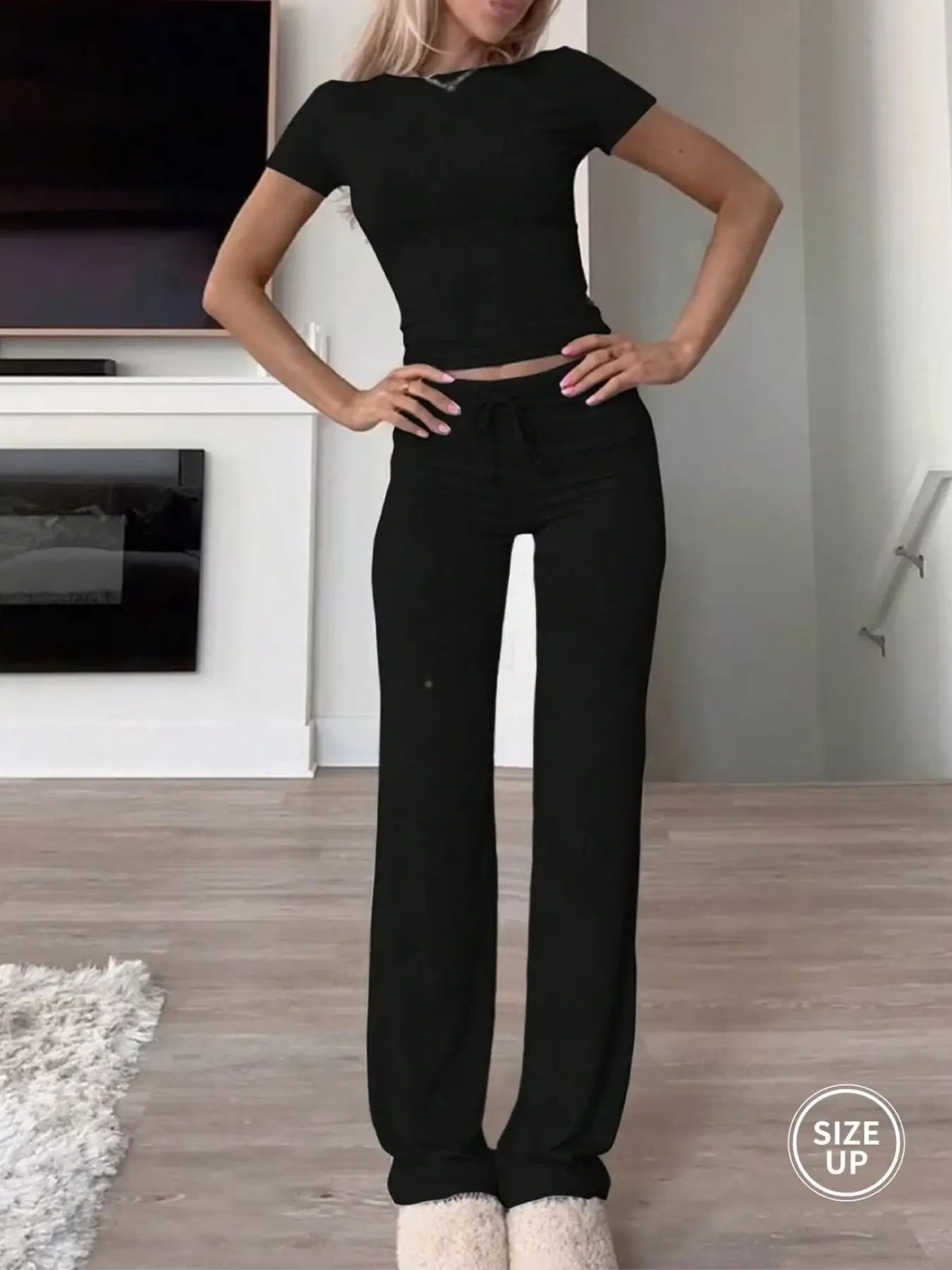Two-Piece Set Women's Plain Crop Tee & Drawstring Waist Pants Loungewear Set