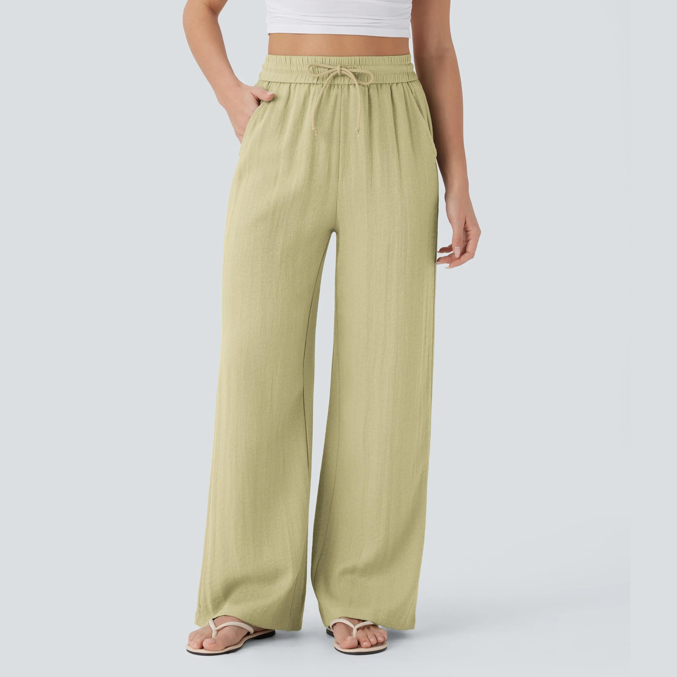 Halara High Waisted Drawstring Pocket Wide Leg Baggy Casual Linen-Feel Pants