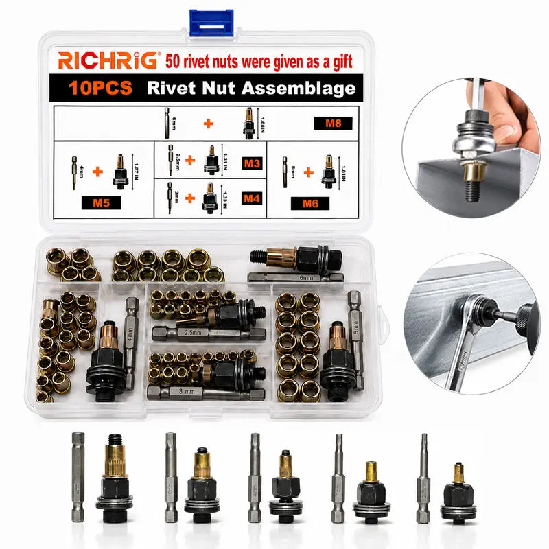 Head Rivet Nut Tool, M3 M4 M5 M6 M8 Rivnut Kit, Carbon Steel Rivnut Set, (10pcs)