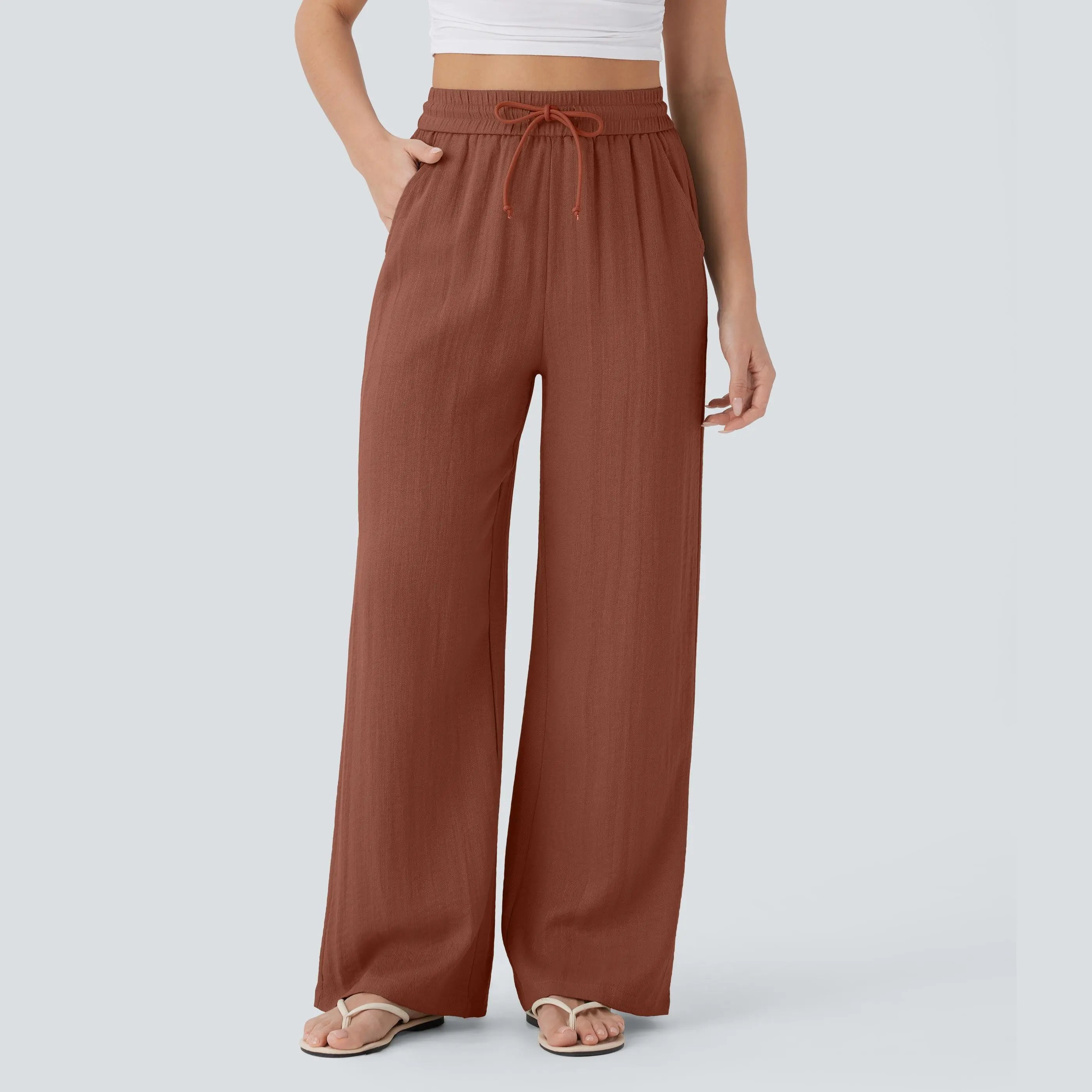 Halara High Waisted Drawstring Pocket Wide Leg Baggy Casual Linen-Feel Pants