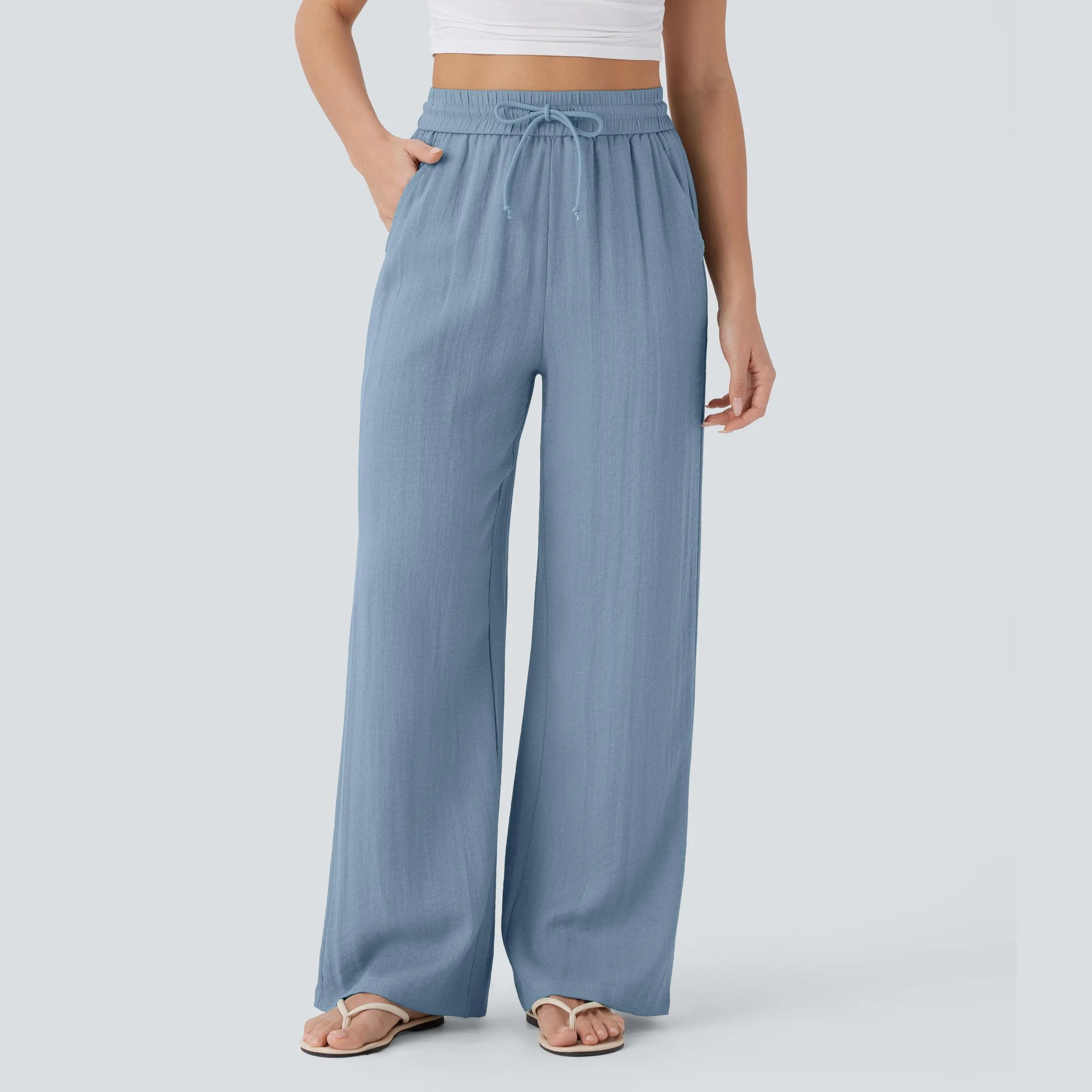 Halara High Waisted Drawstring Pocket Wide Leg Baggy Casual Linen-Feel Pants