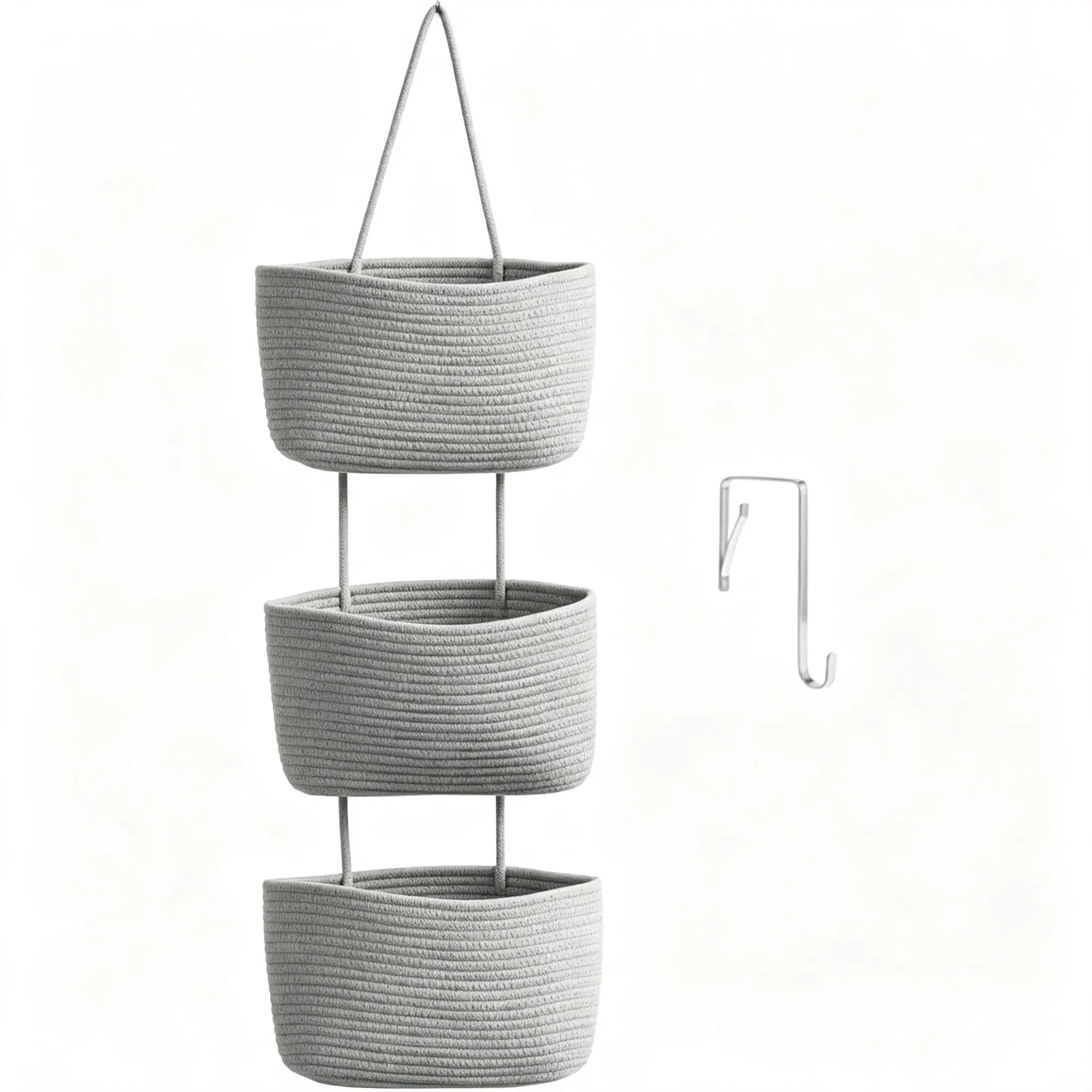 Woven cotton 3-Tier Over the Door Basket, Wall-Mounted Jute Storage Organizer