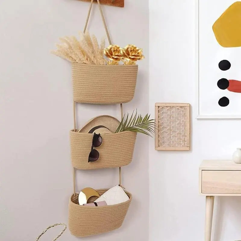 Woven cotton 3-Tier Over the Door Basket, Wall-Mounted Jute Storage Organizer
