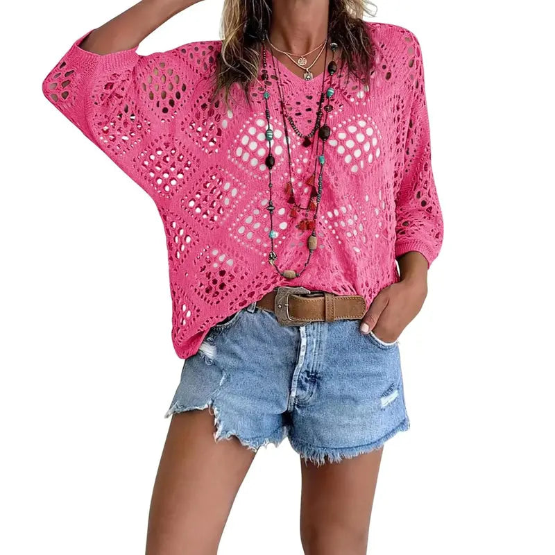 Fisoew Women's Bohemian-Inspired Beige Crochet Top with V-Neck