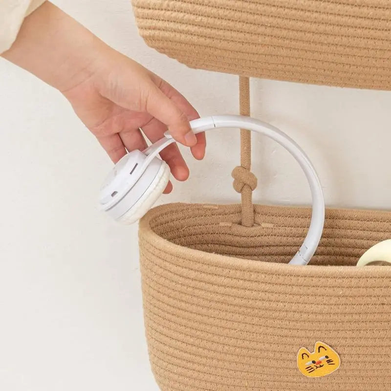 Woven cotton 3-Tier Over the Door Basket, Wall-Mounted Jute Storage Organizer