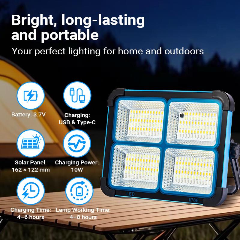 Qawtor Solar Rechargeable LED Work Light - 288 Super Bright 5730 Beads Floodlight,