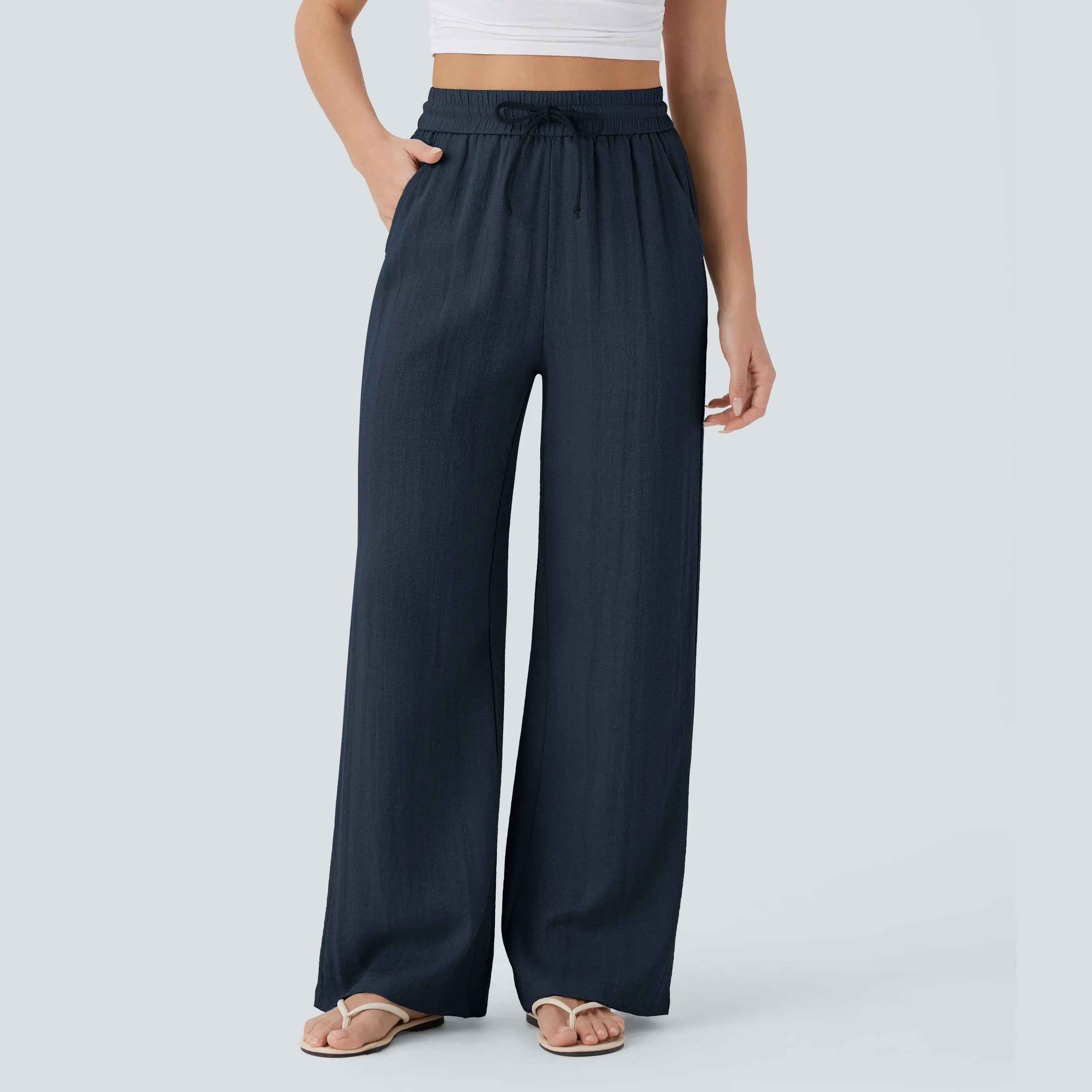 Halara High Waisted Drawstring Pocket Wide Leg Baggy Casual Linen-Feel Pants
