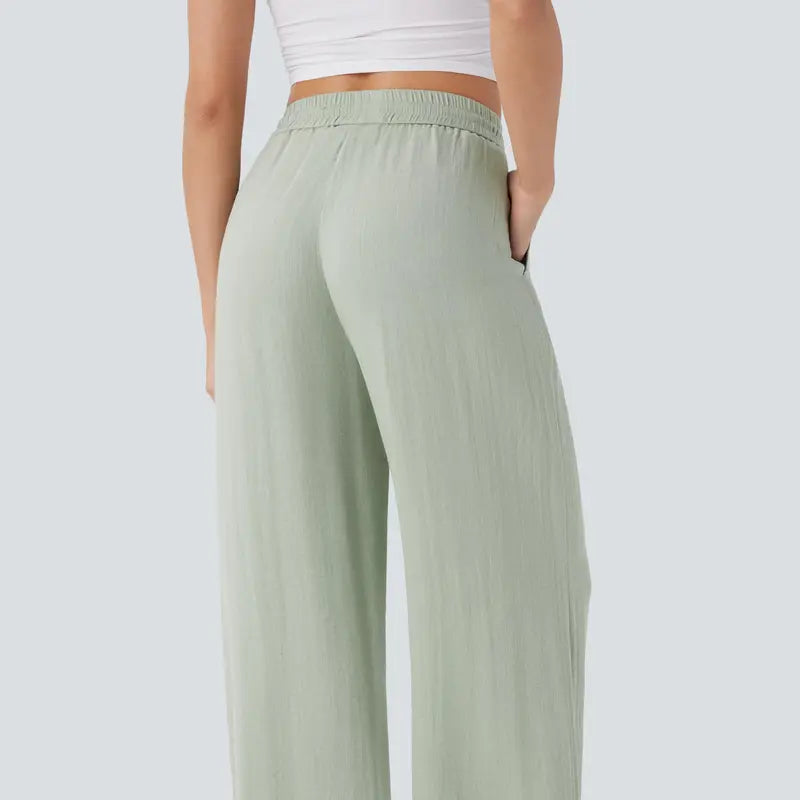 Halara High Waisted Drawstring Pocket Wide Leg Baggy Casual Linen-Feel Pants