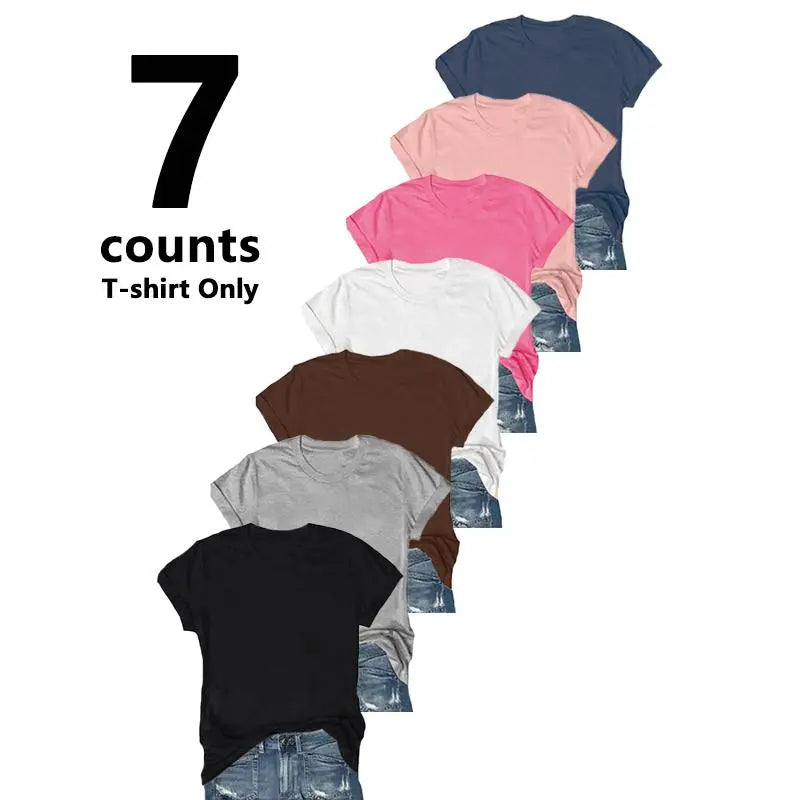 [7 Pack] Women's Short Sleeve T-Shirts Multipack, Loose/Relaxed Fit Solid Color Round Neck Casual Tee Tops