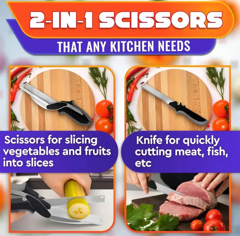 {2 Pack} 9.6 in 2-in-1 Kitchenware Heavy Duty Scissors – Stainless Steel Blade, Plastic Cutting Board, Safety Lock