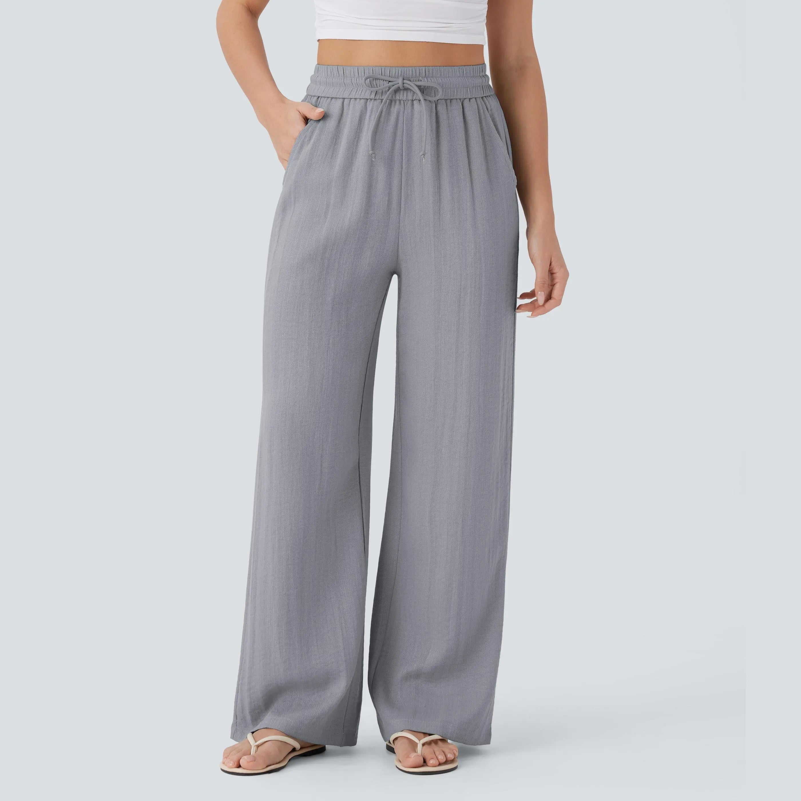 Halara High Waisted Drawstring Pocket Wide Leg Baggy Casual Linen-Feel Pants